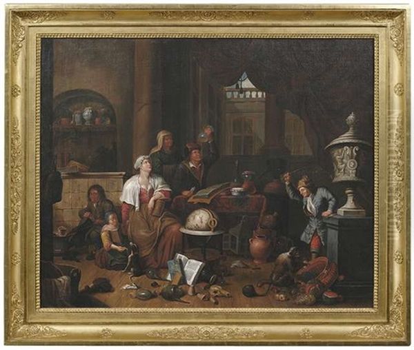 Ein Alchemist Mit Seiner Familie Im Labor. Ein Adeliger Herr Mit Seiner Familie Auf Einer Terrasse, Dem Jager Ihre Jagdbeute Prasentierend (pair) Oil Painting by Jan Josef Horemans the Elder