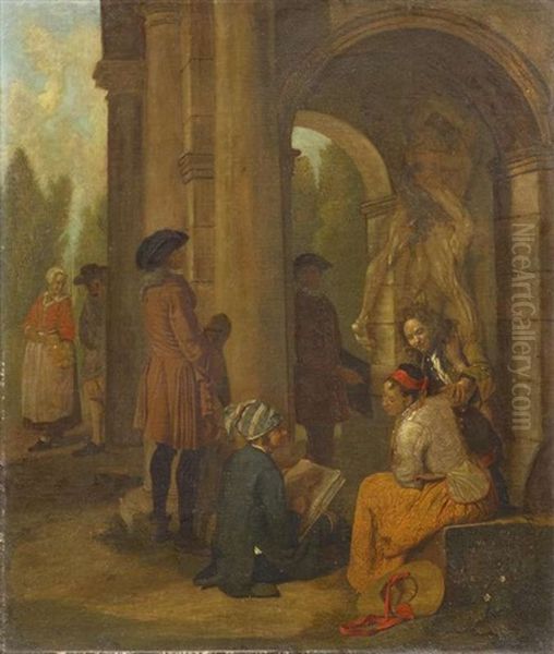 Herkules Und Antaios Von Einer Gesellschaft Betrachtet, Vorne Ein Maler, Die Skulptur Zeichnend Oil Painting by Jan Josef Horemans the Elder