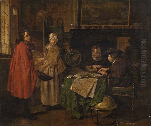 Interior Scene With Scholar And Maid Oil Painting by Jan Josef Horemans the Elder