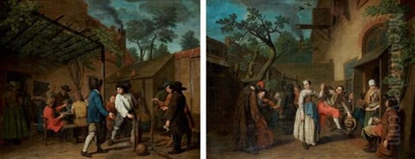 La Partie De Quilles Dans La Cour De L'auberge (+ La Danse Au Son Du Violon Devant L'auberge; 2 Works) Oil Painting by Jan Josef Horemans the Elder