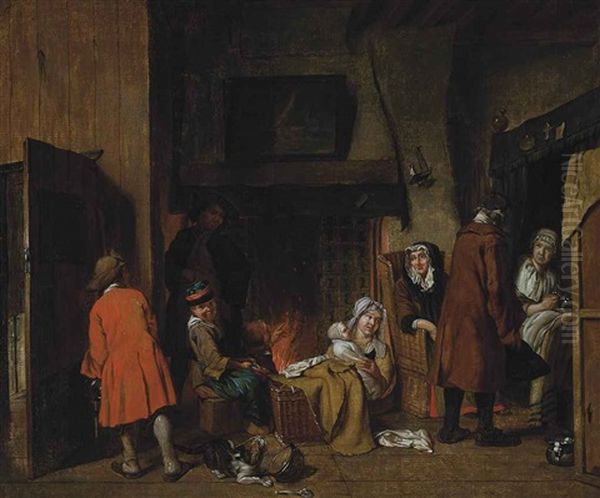 A Family In An Interior By A Fire Oil Painting by Jan Josef Horemans the Elder