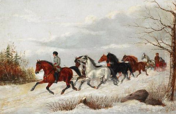 Trader With A String Of Horses Pulling A Red Sleigh Oil Painting by Frederick S. Barnjum