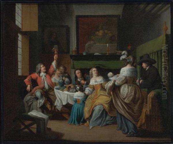 A Domestic Scene In An Interior With Figures Eating And Drinking Around A Table Oil Painting by Jan Josef Horemans the Elder