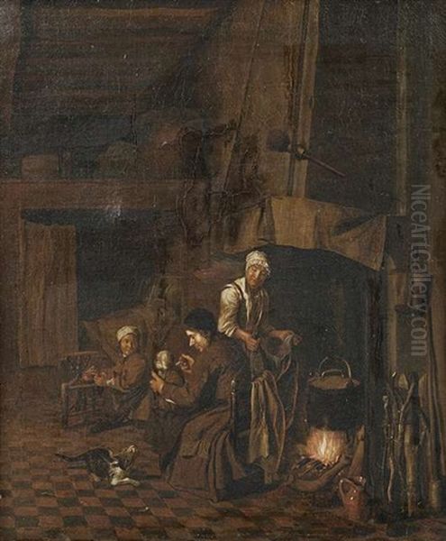 Kucheninterieur. Eine Familie Hat Sich Vor Dem Offenen Kuchenkamin Versammelt. Wahrend Sich Die Mutter Um Die Zubereitung Des Essens Kummert, Futtert Der Vater Sein Jungstes Oil Painting by Jan Josef Horemans the Elder