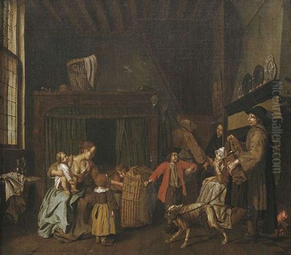 Besuch Eines Drehleierspielers In Einer Burgerlichen Wohnstube by Jan Josef Horemans the Elder