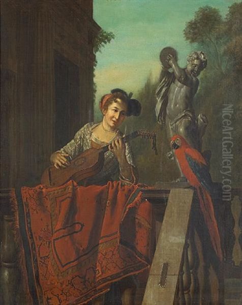 A Guitar Player And Her Parrot (+ A Turkish Gentleman At A Balustrade; Pair) Oil Painting by Jan Josef Horemans the Elder