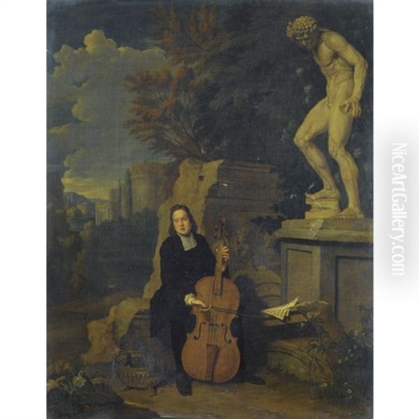 A Musician Playing The Violoncello In A Landscape With Classical Statuary And Ruins Oil Painting by Jan Josef Horemans the Elder