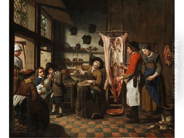 Werkstattinterieur Mit Einem Schuhmacher, Metzger Sowie Einer Klopplerin Oil Painting by Jan Josef Horemans the Elder