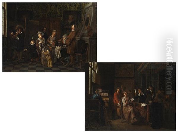 Tischgesellschaft Bei Hausmusik (+ Tischgesellschaft Bei Hausmusik; Pair) Oil Painting by Jan Josef Horemans the Elder