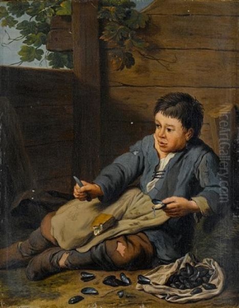 A Boy Eating Mussels In A Courtyard Oil Painting by Jan Josef Horemans the Elder