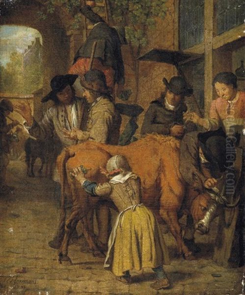 In Einer Gasse In Hollandischem Stadtchen. Bauern Treiben Eine Kuh Zum Markt Oil Painting by Jan Josef Horemans the Elder