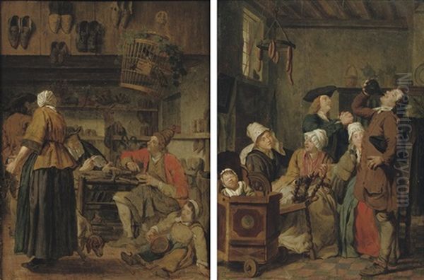 A Cobbler's Workshop (+ A Family In An Interior; Pair) Oil Painting by Jan Josef Horemans the Elder