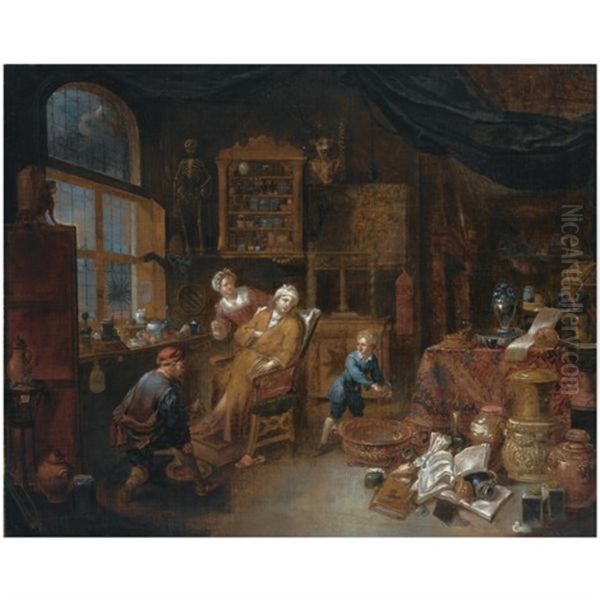 A Doctor's Interior With A Doctor Treating A Patient's Ankle, Together With A Woman Offering A Drink And A Little Boy Nearby, A Still Life Of Books, Jugs, Pots And A Skull To The Right Foreground Oil Painting by Jan Josef Horemans the Elder