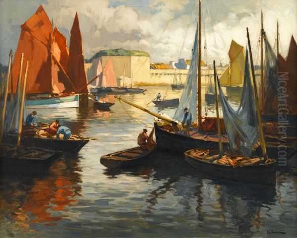 Harbor Scene Oil Painting by Henri Alphonse Barnoin