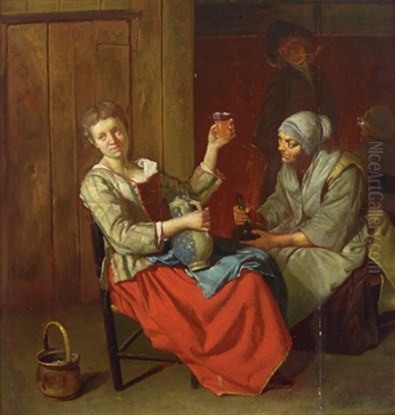 Bordellszene, Die Junge Frau Bietet Den Im Hintergrund Stehenden Freiern Ein Glas Wein An, Die Kupplerin Umklammert Mit Einer Erotischen Geste Den Flaschenhals Oil Painting by Jan Josef Horemans the Elder