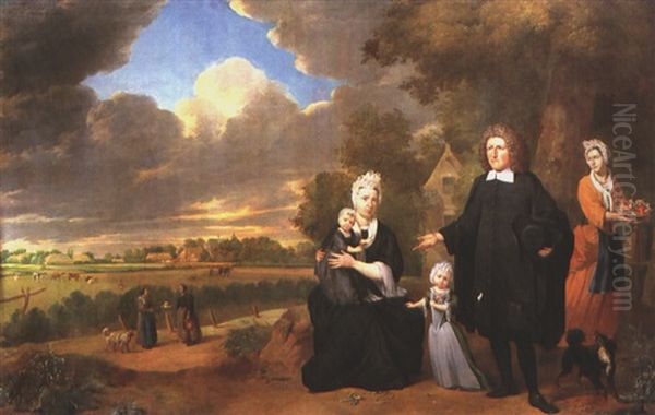 Portrait Eines Calvinistischen Geistlichen Mit Seiner Familie Vor Einem Landlichen Hintergrund Oil Painting by Jan Josef Horemans the Elder