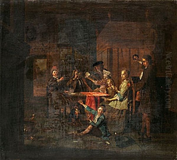 Interior Med Kortspelande Sallskap Oil Painting by Jan Josef Horemans the Elder