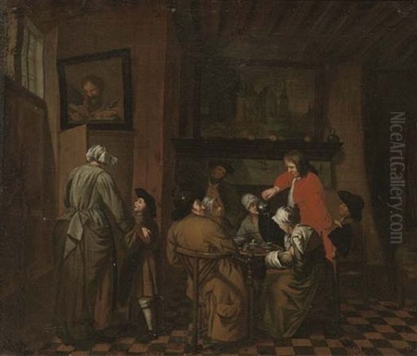 An Interior With Men And Women Drinking Tea Oil Painting by Jan Josef Horemans the Elder