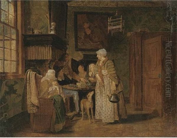 A Family At A Table In An Interior Oil Painting by Jan Josef Horemans the Elder