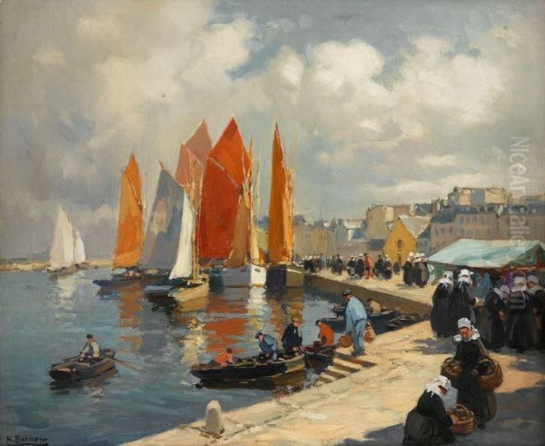 A Busy Harbor Scene Oil Painting by Henri Alphonse Barnoin