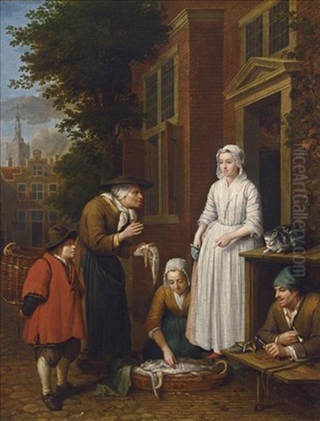 Fishmongers Selling Fish To An Elegant Lady Oil Painting by Jan Josef Horemans the Elder