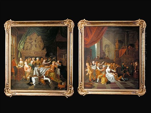 Hofische Gesellschaftsbild (+ Another Similar; Pair) Oil Painting by Jan Josef Horemans the Elder