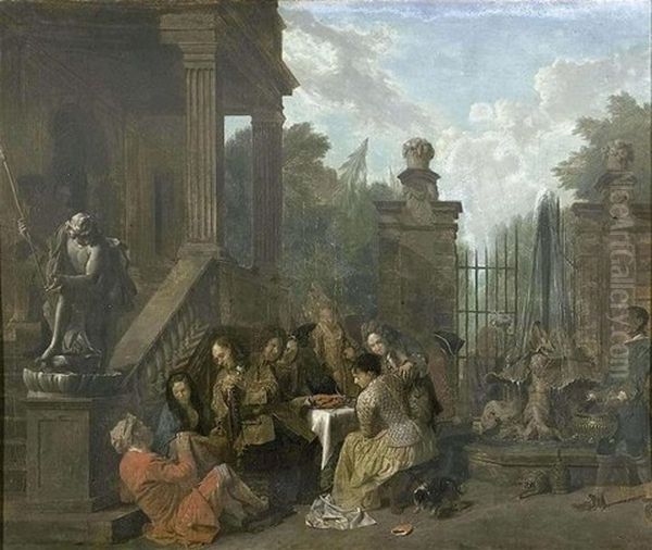 Compagnie Attablee Devant L'escalier Ornemental D'une Maison De Maitre Oil Painting by Jan Josef Horemans the Elder