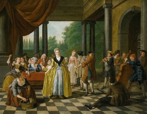 Elegante Gesellschaft Bei Musik Und Tanz Auf Einer Schlossterrasse Oil Painting by Jan Josef Horemans the Elder