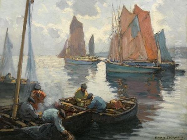 Bretonische Fischerboote Auf Dem Meer Oil Painting by Henri Alphonse Barnoin