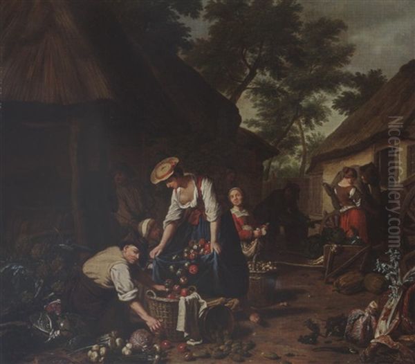 A Farm Scene With A Woman Putting Apples In A Basket, Other Figures And A Cart In The Background Near A Barn Oil Painting by Jan Josef Horemans the Elder