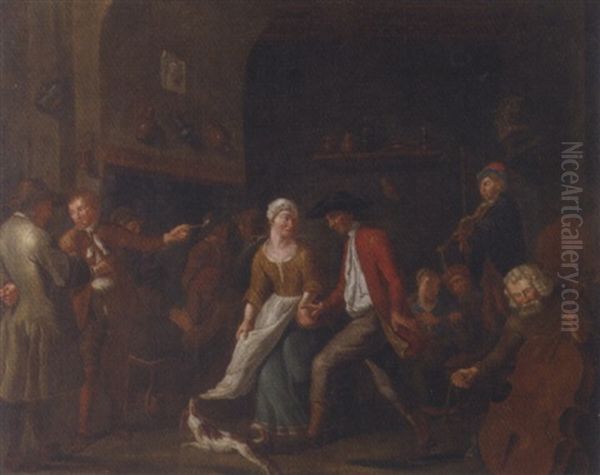 A Wedding Dance: An Interior With Peasants Dancing To The Music Of A Fiddler And A Cellist Oil Painting by Jan Josef Horemans the Elder