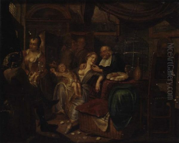 An Interior With A Family Oil Painting by Jan Josef Horemans the Elder