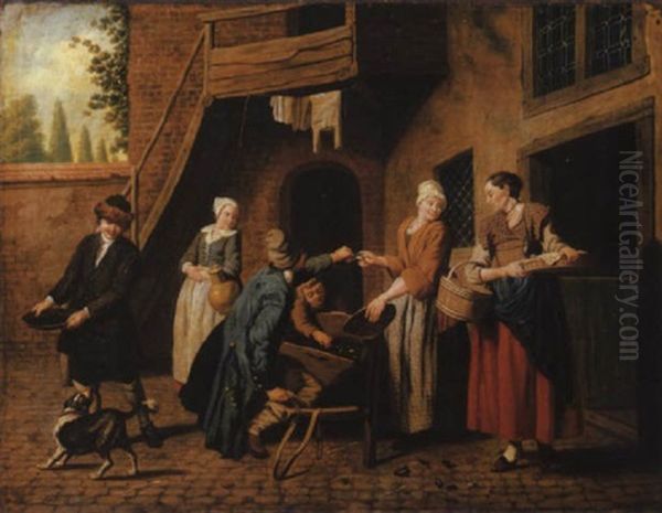 A Courtyard In A Town With A Mussel Seller And Other Figures Oil Painting by Jan Josef Horemans the Elder