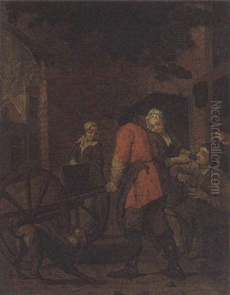 A Village Scene With A Man Pushing A Cart Oil Painting by Jan Josef Horemans the Elder