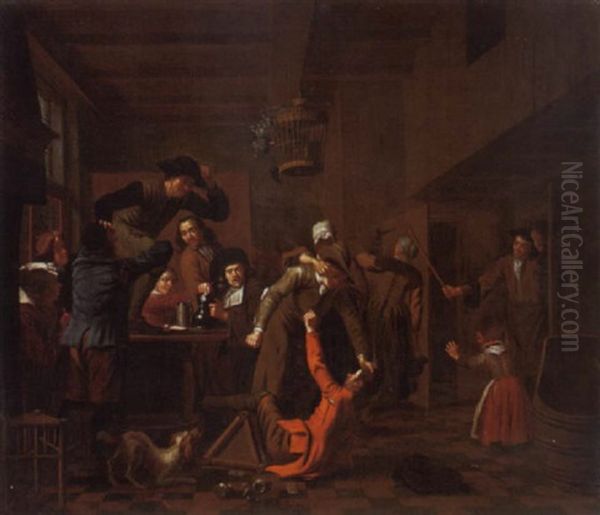 Wirtstube Mit Raufenden Kartenspieler Oil Painting by Jan Josef Horemans the Elder