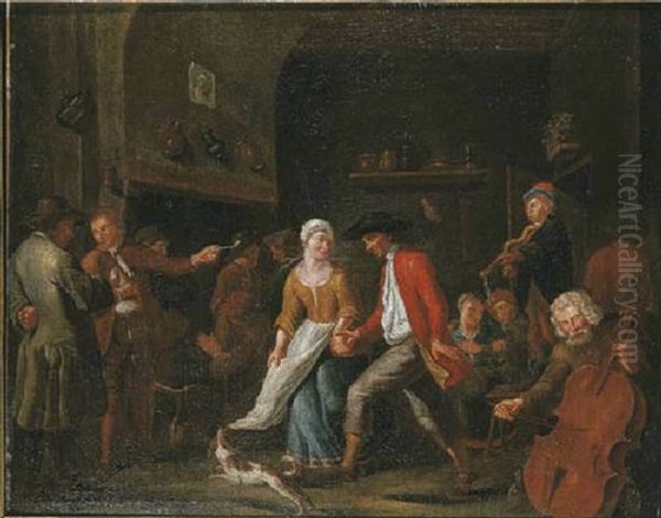 A Wedding Dance: An Interior With Peasants Dancing To The Music Of A Fiddler And A Cellist Oil Painting by Jan Josef Horemans the Elder