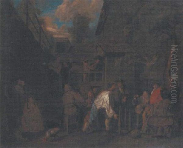 Peasants Merry Making Outside A Tavern Oil Painting by Jan Josef Horemans the Elder