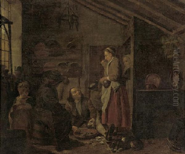 A Gentleman Eating Oysters In A Kitchen Oil Painting by Jan Josef Horemans the Elder