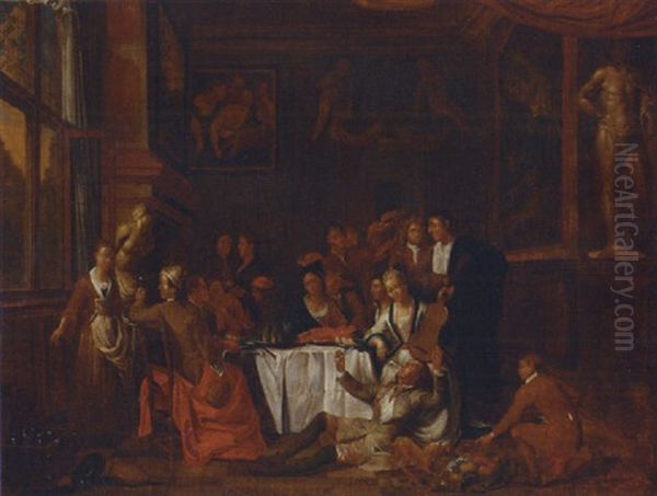 Elegant Company Feasting And Making Music In An Interior Oil Painting by Jan Josef Horemans the Elder