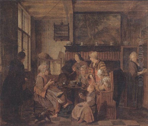 A Family Drinking Tea At Table In An Interior Oil Painting by Jan Josef Horemans the Elder