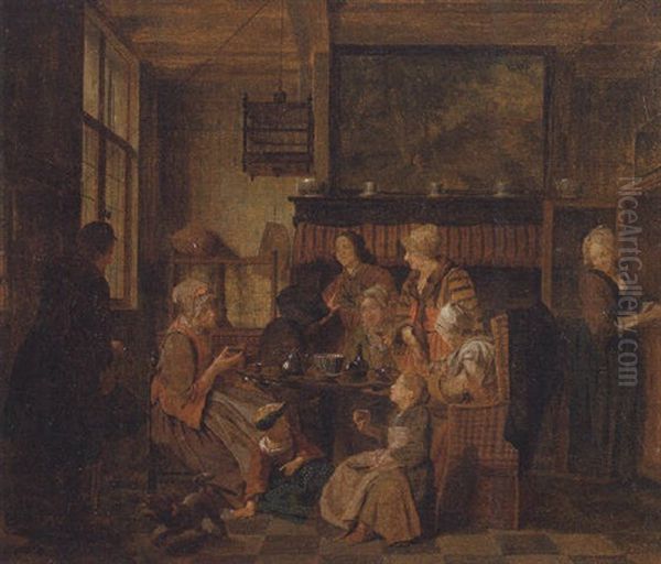 A Family Drinking Tea At A Table In An Interior Oil Painting by Jan Josef Horemans the Elder