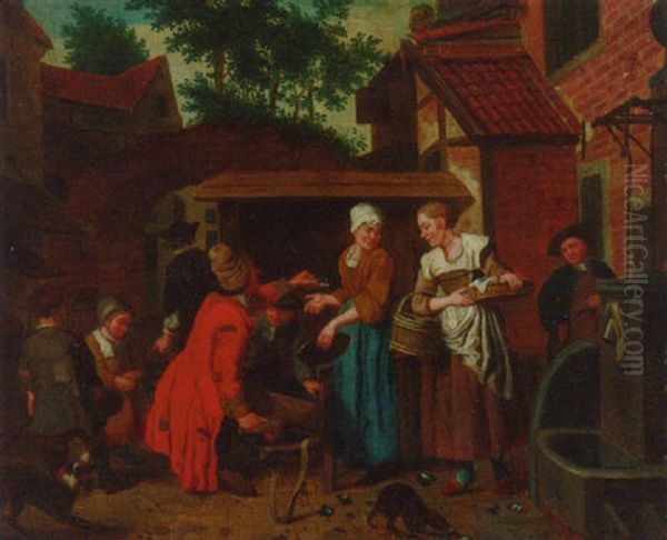 Townsfolk Buying Mussels In A Courtyard Oil Painting by Jan Josef Horemans the Elder