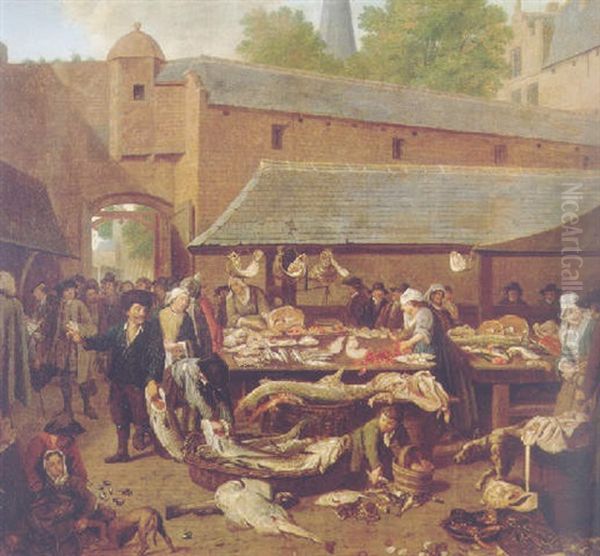 A Fishmarket Oil Painting by Jan Josef Horemans the Elder