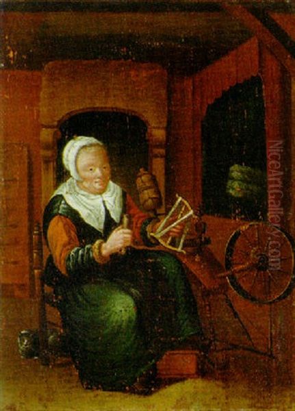 An Old Lady Spinning In An Interior Oil Painting by Jan Josef Horemans the Elder