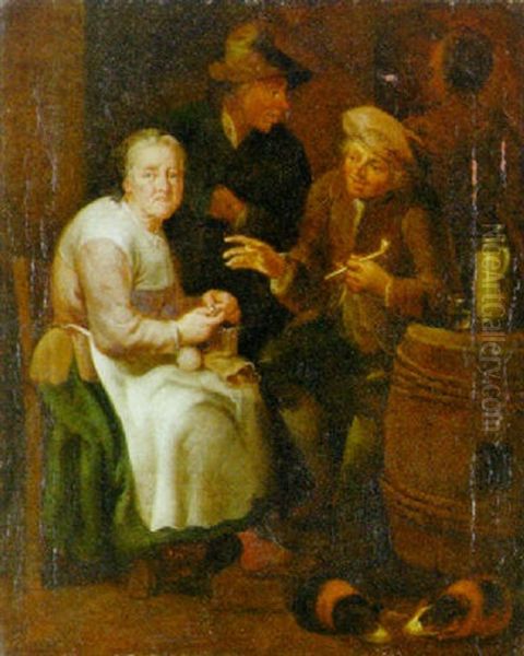 An Old Woman Knitting With A Young Man Smoking A Pipe In An Interior Oil Painting by Jan Josef Horemans the Elder