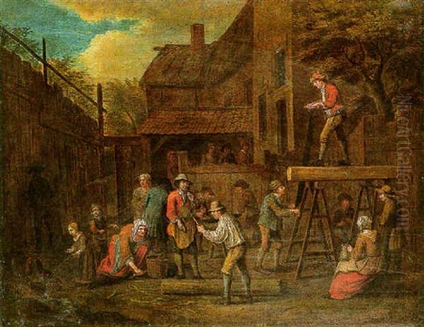 A Scene In A Village With Carpenters At Work And Other Figures Looking On Oil Painting by Jan Josef Horemans the Elder