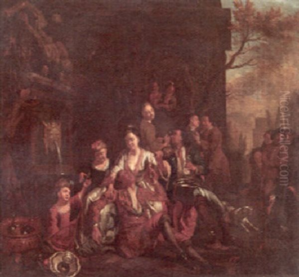 Numerous Figures Merrymaking By A Fountain Oil Painting by Jan Josef Horemans the Elder