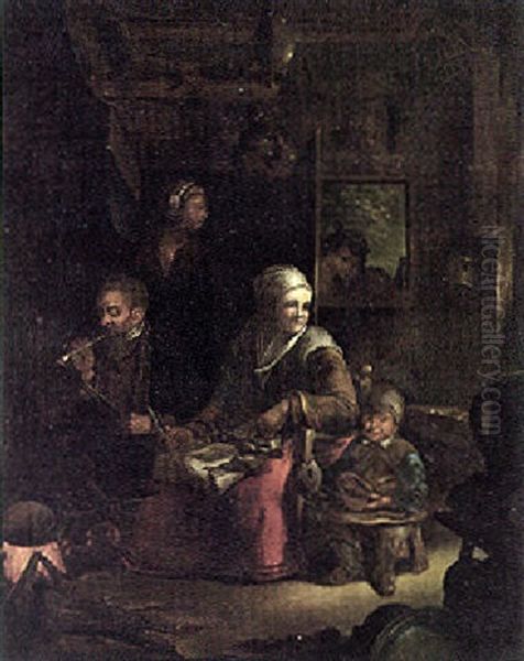 Peasants In A Kitchen Interior Oil Painting by Jan Josef Horemans the Elder