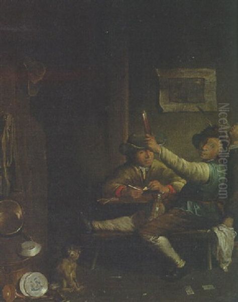 Peasants Drinking In A Kitchen Interior Oil Painting by Jan Josef Horemans the Elder