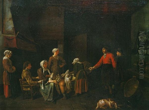 A Family In An Interior With A Father About To Punish A Child Oil Painting by Jan Josef Horemans the Elder